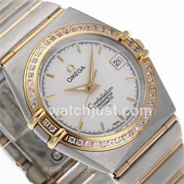 Omega Constellation Swiss ETA 2824 Movement Two Tone Diamond Bezel with White Dial-14K Wrapped Gold