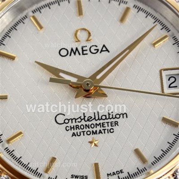 Omega Constellation Swiss ETA 2824 Movement Two Tone Diamond Bezel with White Dial-14K Wrapped Gold