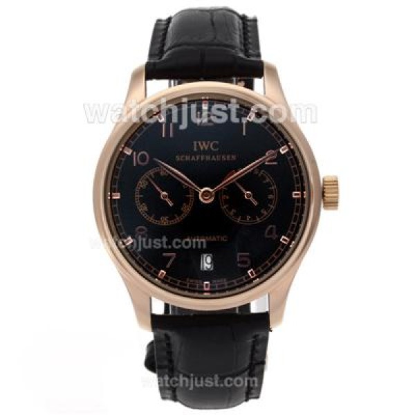 IWC Portuguese Working Power Reserve Automatic Rose Gold Case with Black Dial-Leather Strap