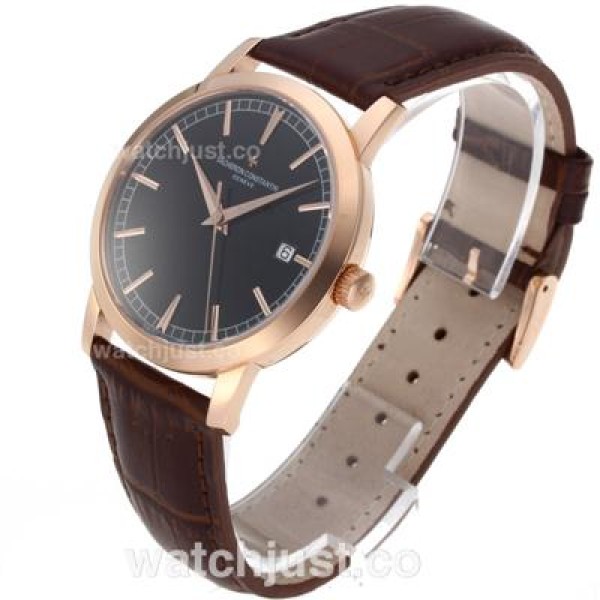 Vacheron Constantin Partrimony Swiss ETA 2836 Movement Rose Gold Case with Black Dial-Leather Strap