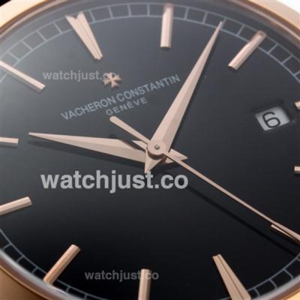Vacheron Constantin Partrimony Swiss ETA 2836 Movement Rose Gold Case with Black Dial-Leather Strap