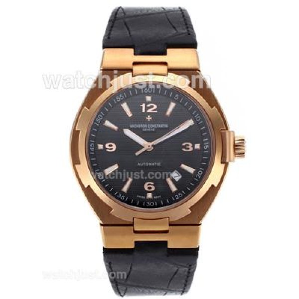 Vacheron Constantin Overseas Swiss ETA 2836 Movement Rose Gold Case with Black Dial-Leather Strap