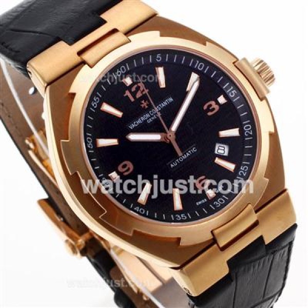 Vacheron Constantin Overseas Swiss ETA 2836 Movement Rose Gold Case with Black Dial-Leather Strap