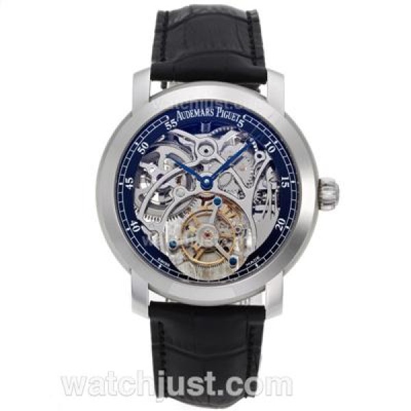 Swiss Movement Audemars Piguet Jules Audemars Skeleton Working Tourbillon Manual Winding Fake Watches With Black Dial-Leather Strap