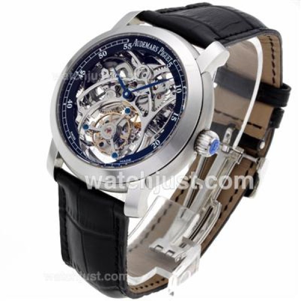 Swiss Movement Audemars Piguet Jules Audemars Skeleton Working Tourbillon Manual Winding Fake Watches With Black Dial-Leather Strap