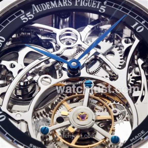 Swiss Movement Audemars Piguet Jules Audemars Skeleton Working Tourbillon Manual Winding Fake Watches With Black Dial-Leather Strap