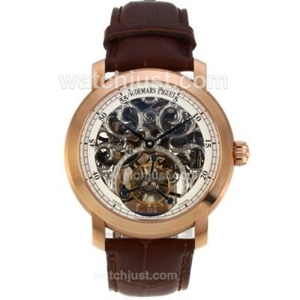 UK Perfect Replica Audemars Piguet Jules Audemars Skeleton Working Tourbillon Manual Winding Rose Gold Case with White Dial-Leather Strap