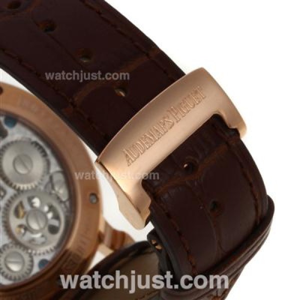 UK Perfect Replica Audemars Piguet Jules Audemars Skeleton Working Tourbillon Manual Winding Rose Gold Case with White Dial-Leather Strap