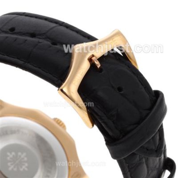 Patek Philippe Nautilus Rose Gold Case with Black Dial-Leather Strap