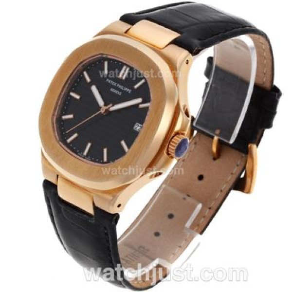 Patek Philippe Nautilus Automatic Rose Gold Case with Black Dial-Leather Strap