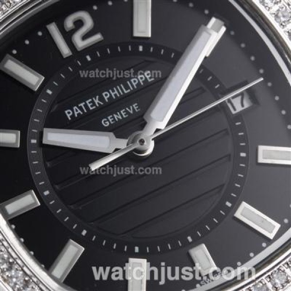 Patek Philippe Nautilus Diamond Bezel with Black Dial-Leather Strap
