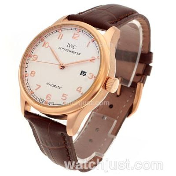 IWC Portuguese Automatic Number Markers Rose Gold Case with White Dial-Leather Strap