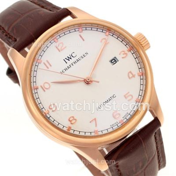 IWC Portuguese Automatic Number Markers Rose Gold Case with White Dial-Leather Strap