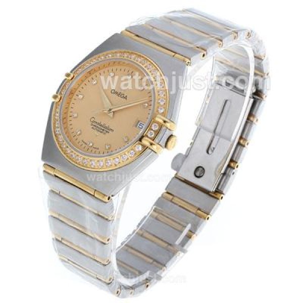 Omega Constellation Automatic Two Tone Diamond Bezel and Markers with Golden Dial-18K Plated Gold Movement