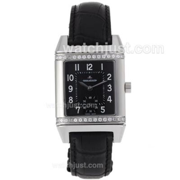 Jaeger-Lecoultre Reverso Diamond Bezel with Black Dial-Leather Strap