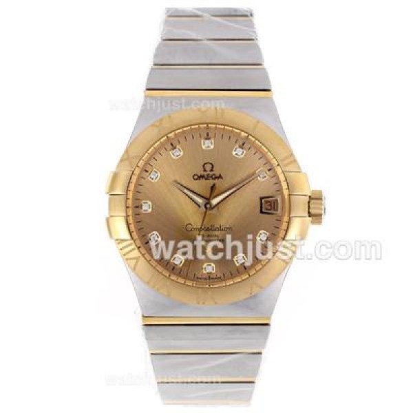 Luxury Omega Constellation Fake Watches With Golden Dials And Two Tone Cases Online
