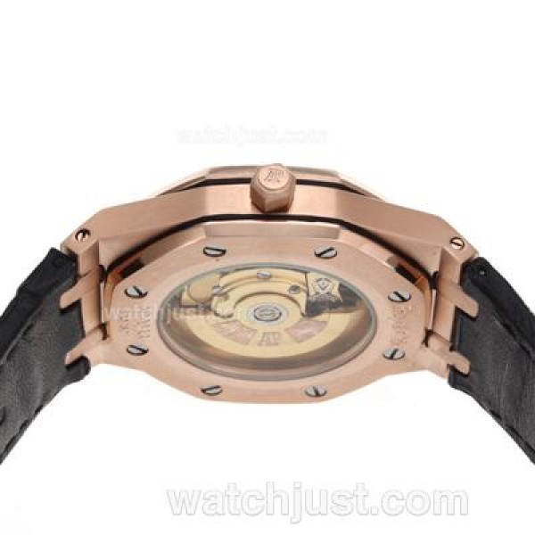 Audemars Piguet Royal Oak Swiss ETA 2836 Movement Rose Gold Case Diamond Bezel with Blue Checkered Dial-Leather Strap