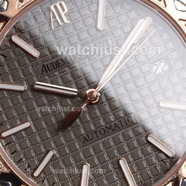 Audemars Piguet Royal Oak Swiss ETA 2836 Movement Rose Gold Case Diamond Bezel with Gray Checkered Dial-Brown Leather St