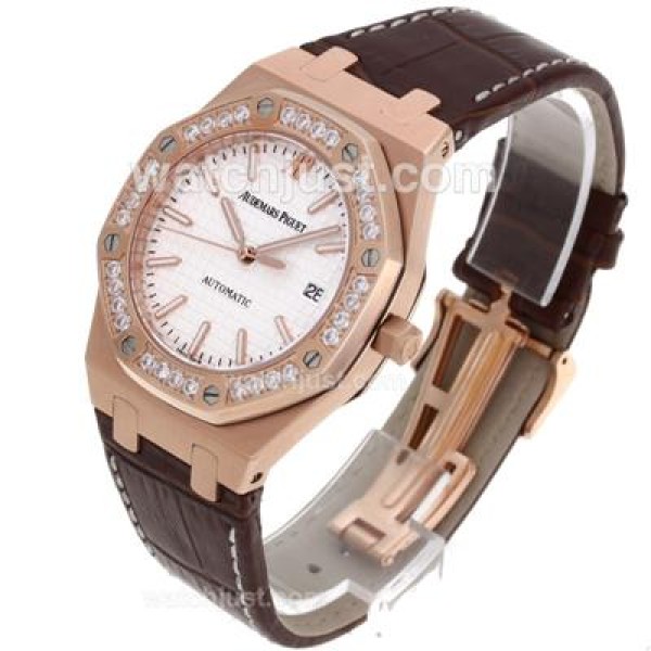 Audemars Piguet Royal Oak Swiss ETA 2836 Movement Rose Gold Csae and Diamond Bezel with White Checkered Dial-Brown Leath