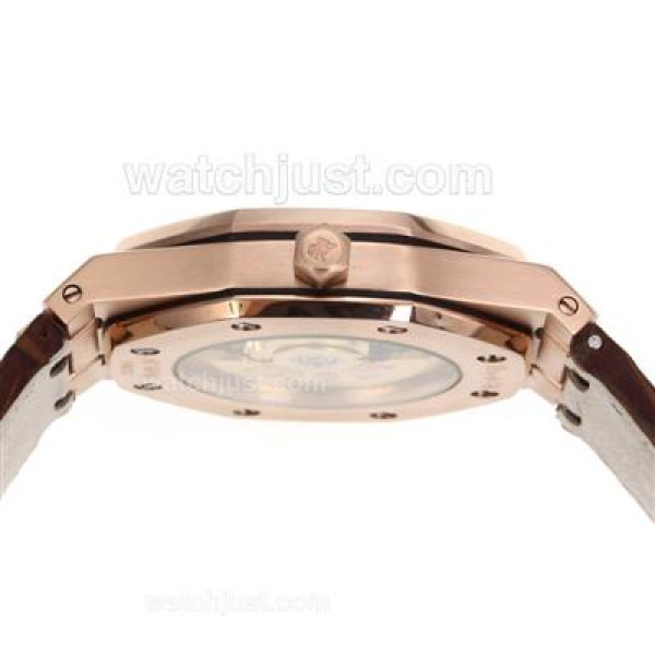 Audemars Piguet Royal Oak Swiss ETA 2836 Movement Rose Gold Csae and Diamond Bezel with White Checkered Dial-Brown Leath