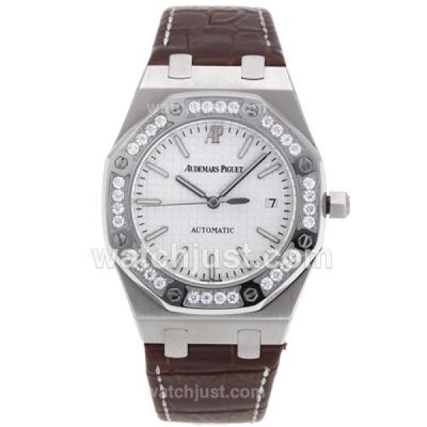 Audemars Piguet Royal Oak Swiss ETA 2836 Movement Diamond Bezel with White Checkered Dial-Brown Leather Strap