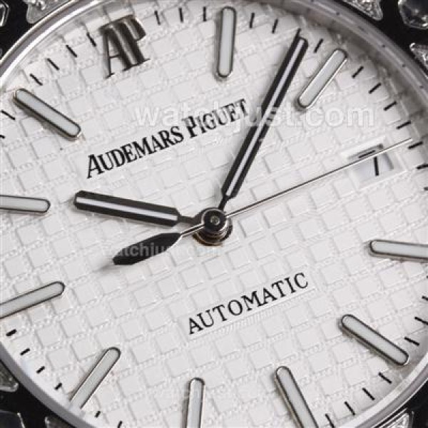 Audemars Piguet Royal Oak Swiss ETA 2836 Movement Diamond Bezel with White Checkered Dial-Brown Leather Strap