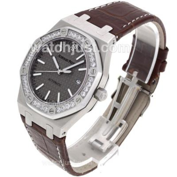 Audemars Piguet Royal Oak Swiss ETA 2836 Movement Diamond Bezel with Gray Checkered Dial-Brown Leather Strap