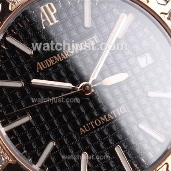 Audemars Piguet Royal Oak Swiss ETA 2836 Movement Rose Gold Case Diamond Bezel with Black Checkered Dial-Black Leather S