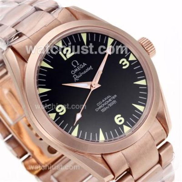 Best Quality Omega Railmaster Replica Watches With Black Dials And Rose Gold Cases