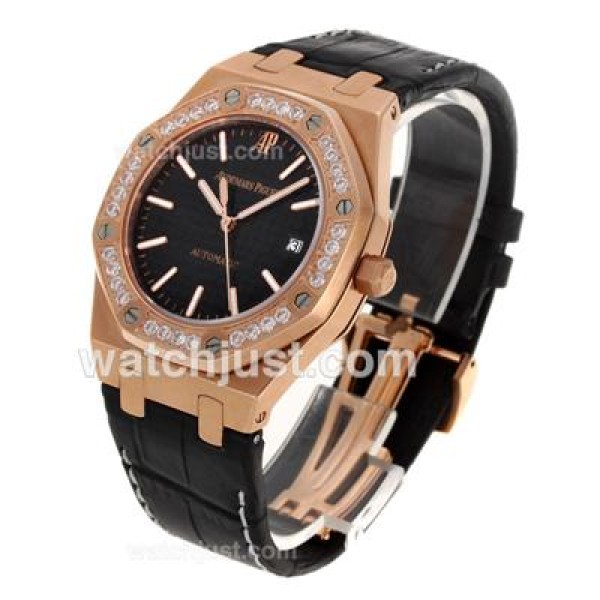Audemars Piguet Royal Oak Swiss ETA 2824 Movement Rose Gold Case Diamond Bezel with Black Checkered Dial-Leather Strap