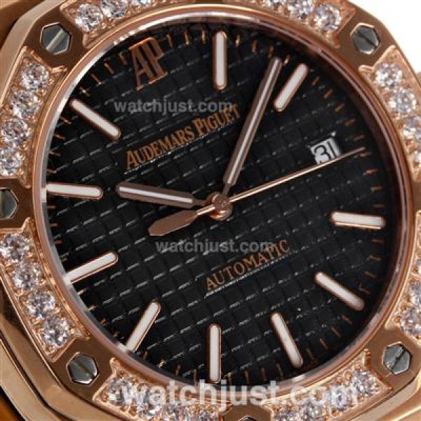 Audemars Piguet Royal Oak Swiss ETA 2824 Movement Rose Gold Case Diamond Bezel with Black Checkered Dial-Leather Strap
