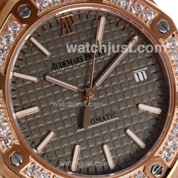 Audemars Piguet Royal Oak Swiss ETA 2824 Movement Rose Gold Case Diamond Bezel with Gray Checkered Dial-Leather Strap
