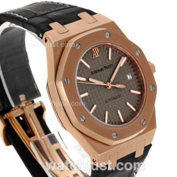 Audemars Piguet Royal Oak Swiss ETA 2824 Movement Rose Gold Case with Gray Checkered Dial-Leather Strap