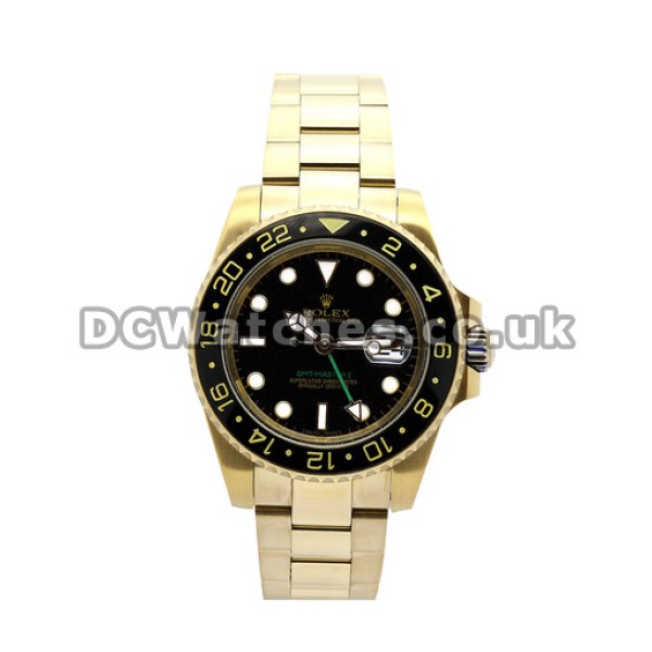 Fake Yellow Gold Rolex GMT Master II Watches For Men With Yellow Gold Bracelet (Ceramic Bezel)