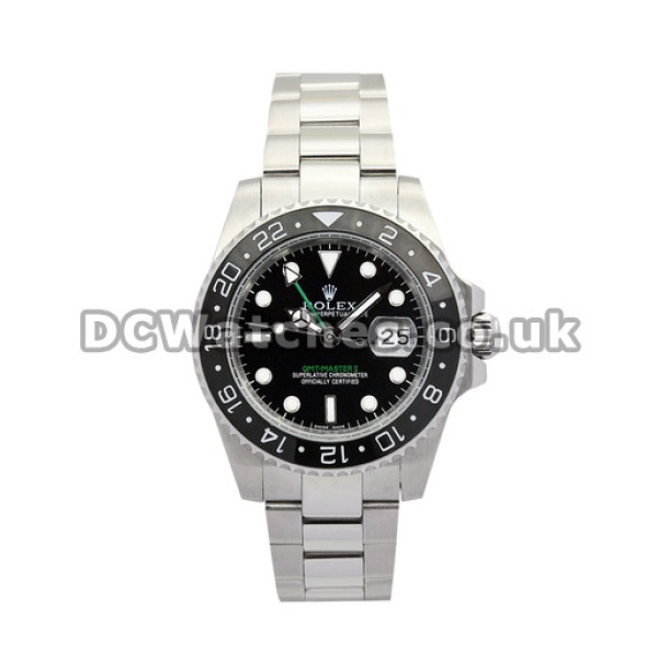Cheap Replica Steel Rolex GMT Master II Watches With Black Dial For Men (Ceramic Bezel)