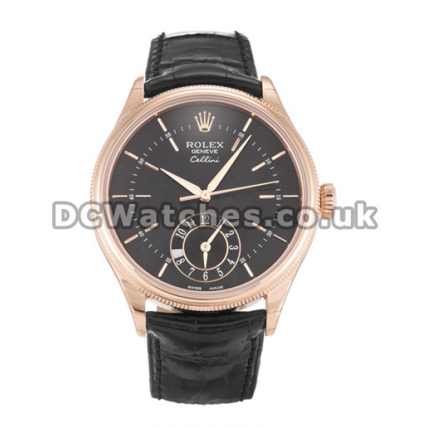 New Rolex Cellini Dual Time Rose Gold Case Black Dial Replica Watches