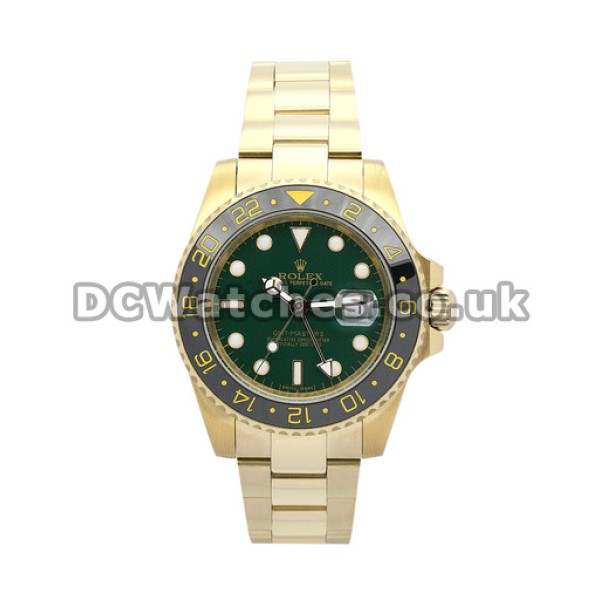 Yellow Gold Replica Rolex GMT Master II 40 MM Watches With Green Dial (Ceramic Bezel)