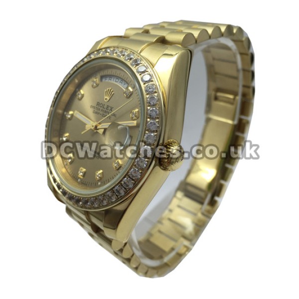 Yellow Gold Rolex Day-Date Replica Watches With Diamonds For Men
