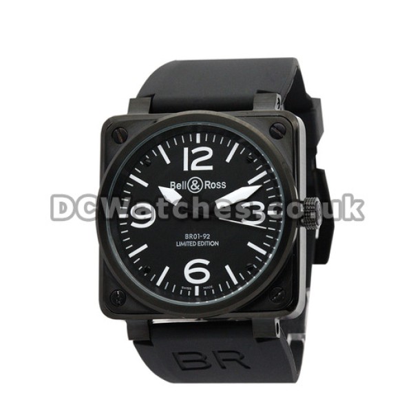 Best Bell and Ross BR01-92 Black Dial White Markers Black Rubber Strap Copy Watches