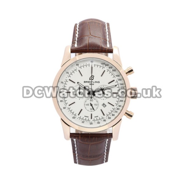 Fake Breitling Transocean Chronograph White Dial Brown Crocodile Strap Watches