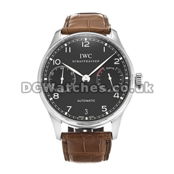 Popular Black Dial IWC Portuguese Automatic Replica Watches With Brown Strap For Men