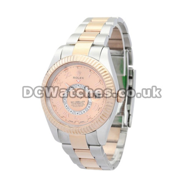 Nice Rose Gold Rolex Sky-Dweller Champagne Dial Copy Watches For Men
