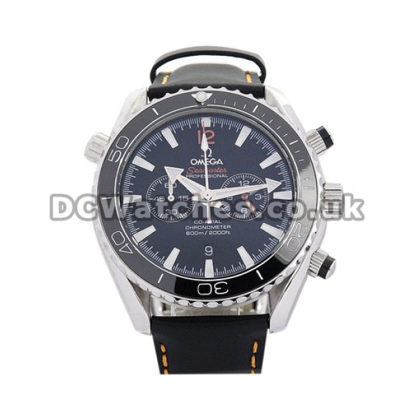 UK Cheap Steel Omega Speedmaster Date Blue Dial Copy Watches Black Leather Strap