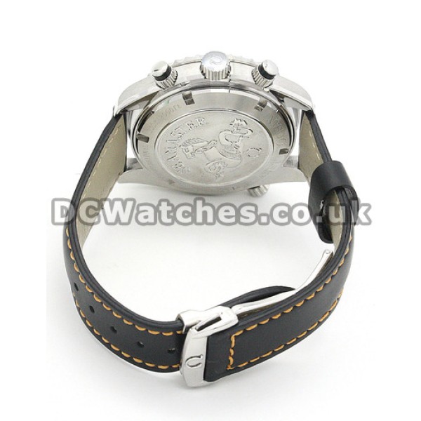 UK Cheap Steel Omega Speedmaster Date Blue Dial Copy Watches Black Leather Strap