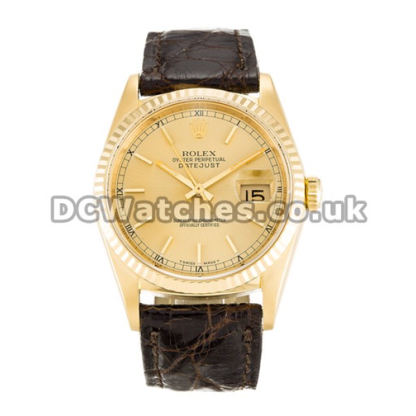 AAA Fake Rolex Datejust Champagne Baton Dial Brown Crocodile Strap Watches