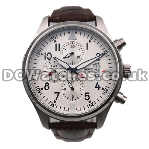Delicate Black Arabic Numerals Male IWC Pilots Fake Watches Sales With Brown Crocodile Straps