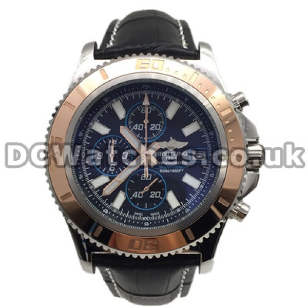High Swiss Black Dials Breitling SuperOcean Heritage Fake Watches With Black Cowhide Straps