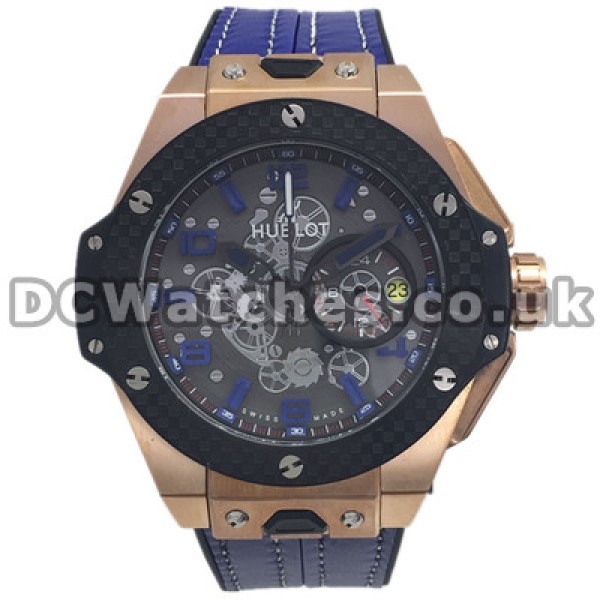 Complex Swiss Black Dials Hublot Replica Watches With Blue Arabic Numerals Hot Sale