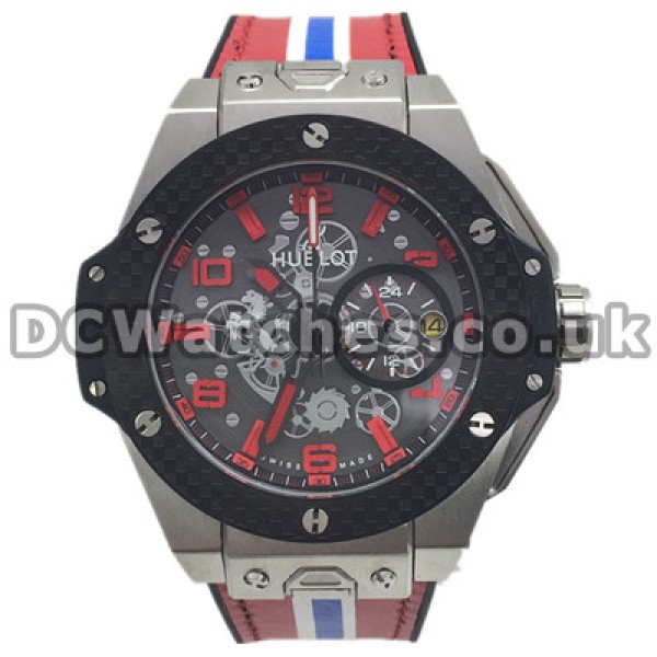 Red And Blue Straps Swiss Hublot Replica Watches With Black Bezels And Steel Cases
