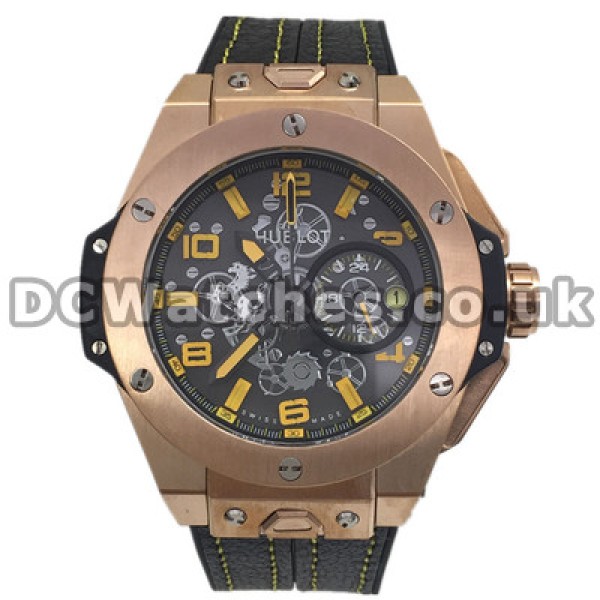 Special Yellow Arabic Numerals Hublot Copy Watches With Black Cowhide Straps Sale For Men